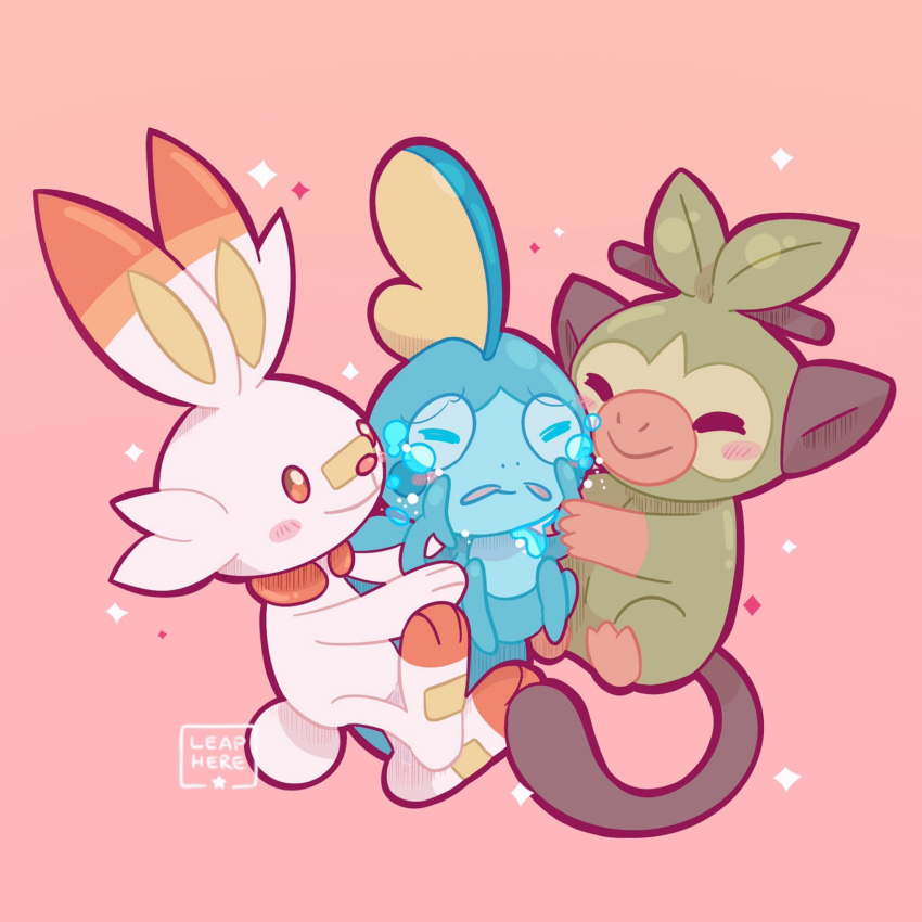 ^_^ closed_eyes commentary creature crying english_commentary full_body gen_8_pokemon grookey highres no_humans pink_background pokemon pokemon_(creature) sad scorbunny simple_background smile sobble sparkle tears
