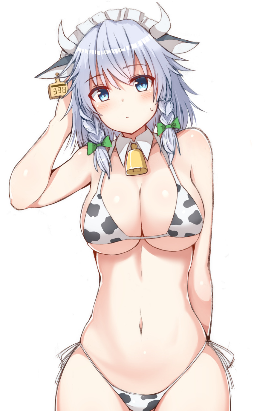 1girl absurdres animal_ears animal_print bare_arms bare_shoulders bell bikini blue_eyes blush bow braid breasts cleavage closed_mouth collarbone commentary_request cow_bell cow_ears cow_horns cow_print cowboy_shot detached_collar ear_tag green_bow hair_bow hand_up headdress highres horns izayoi_sakuya large_breasts looking_at_viewer navel short_hair side-tie_bikini silver_hair simple_background solo standing stomach sweat swimsuit taki_sandstone thighs touhou twin_braids white_background white_bikini