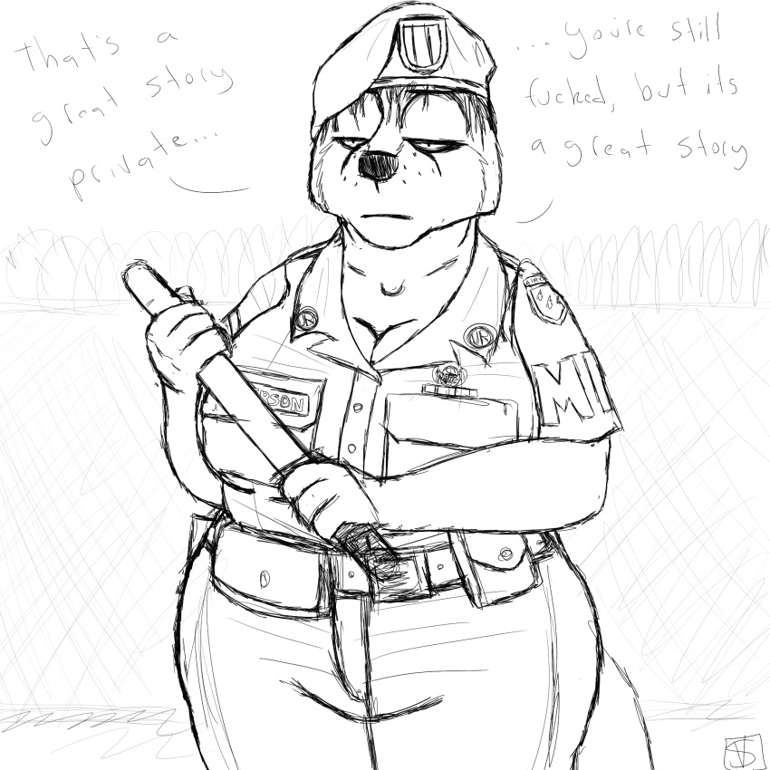 1:1 2019 army baton big_breasts black_and_white breasts canid canine clothed clothed_breasts clothing dialogue english_text female fox hi_res huge_breasts humor mammal military military_police monochrome peggy_patterson savagelyrandom soldier solo text unamused uniform