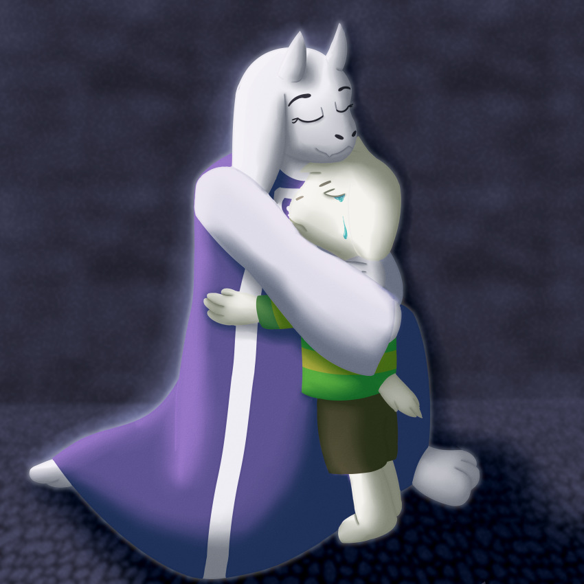 1:1 absurd_res anthro asriel_dreemurr bodily_fluids bovid caprine clothed clothing crying duo female fur goat hi_res hug male mammal mother mother_and_son orangestheasd_(artist) parent sad son tears toriel undertale video_games