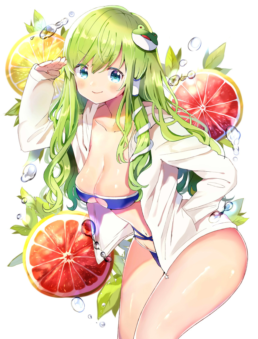 1girl absurdres arm_up bandeau bangs bikini blue_bikini blue_eyes blush breasts cleavage cleavage_cutout collarbone commentary cowboy_shot eyebrows_visible_through_hair food frog_hair_ornament fruit grapefruit green_hair groin hair_ornament hair_tubes hand_in_pocket highres hood hooded_jacket jacket kochiya_sanae leaf leaning_forward lemon long_hair long_sleeves looking_at_viewer navel open_clothes open_jacket sagging_breasts salute satoupote sidelocks simple_background smile snake_hair_ornament solo standing stomach strapless strapless_bikini swimsuit symbol_commentary thighs touhou water_drop white_background white_jacket