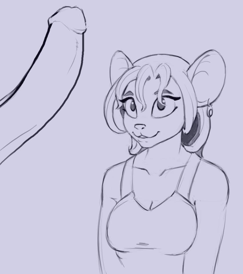 2019 anthro breasts disembodied_penis duo ear_piercing ear_ring erection female hair hi_res lord_magicpants male mammal monochrome mouse murid murine penis piercing rodent simple_background smile top