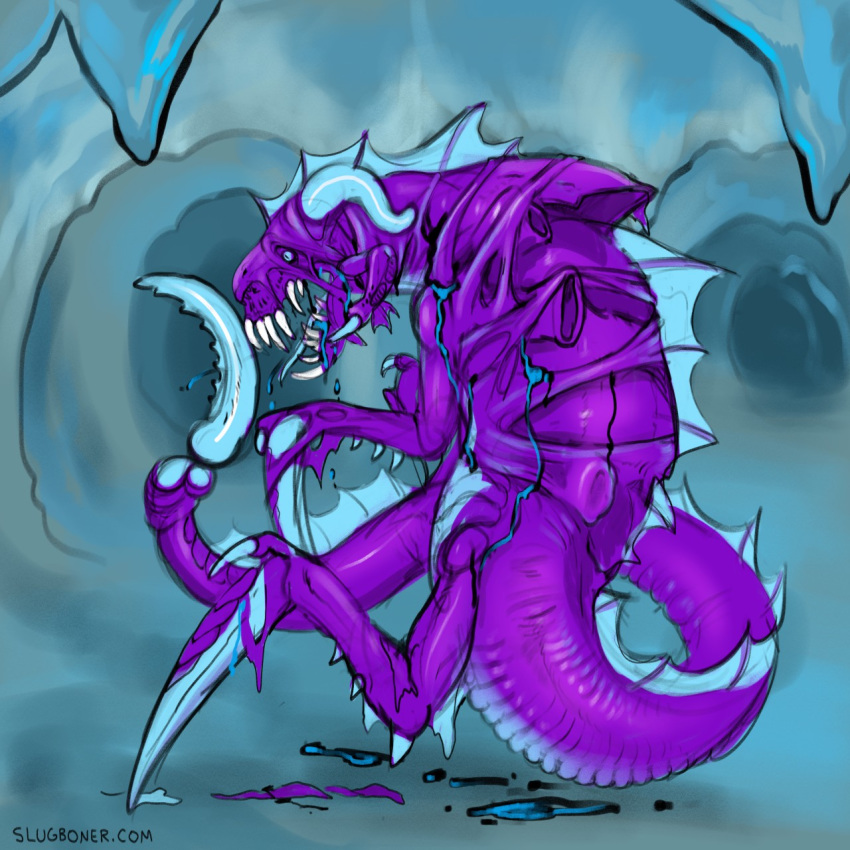 1:1 2019 alien blood blue_horn bodily_fluids body_horror claws dracarna dragon exoskeleton female feral frill_(anatomy) hi_res horn membrane_(anatomy) membranous_frill monster nude open_mouth quadruped scales scalie scared sharp_teeth shedding slug_(artist) solo species_transformation teeth transformation tyranid warhammer_(franchise) warhammer_40000 western_dragon wings