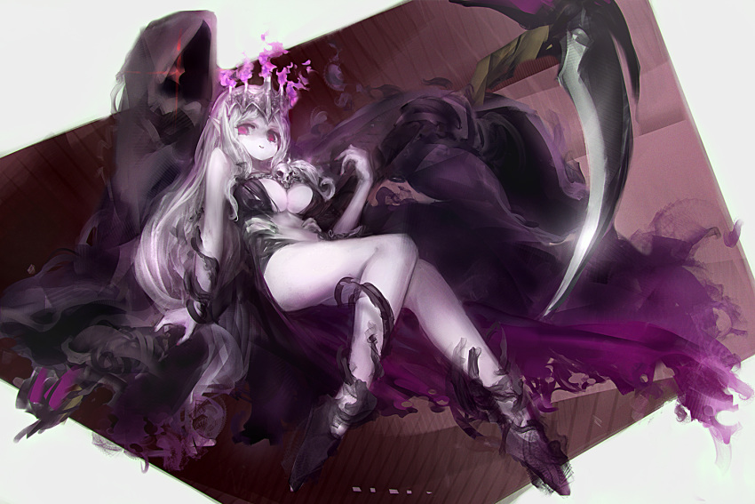 5_fingers big_breasts breasts cleavage clothed clothing crown death_(personification) duo eiminsansan elf fairy female fingers grim_reaper humanoid looking_at_viewer melee_weapon not_furry painting polearm red_eyes scythe weapon たまかけご