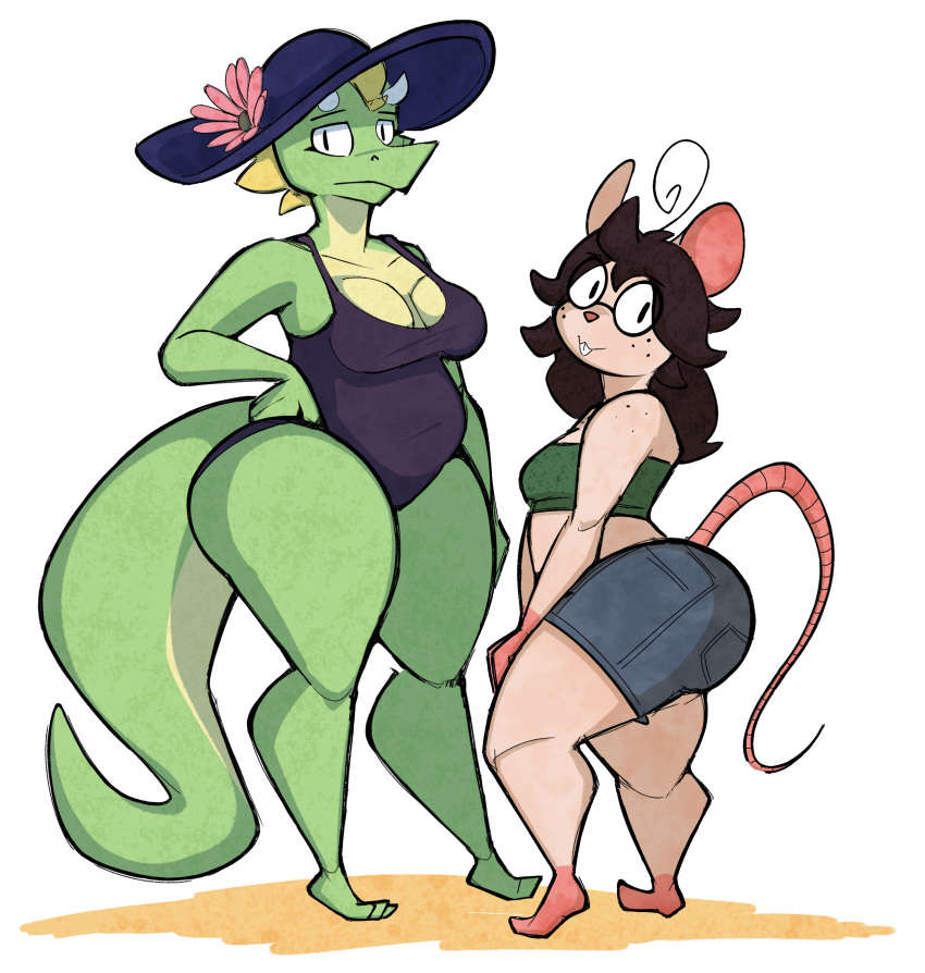 2019 3_toes absurd_res aimbot-jones anthro bandeau belly bottomwear breasts buckteeth butt cleavage clothed clothing countershading denim denim_clothing denim_shorts dragon duo eyelashes eyewear female flower freckles glasses green_skin hair hand_on_hip hat headgear headwear hi_res horn looking_at_viewer mammal midriff mouse murid murine no_irises one-piece_swimsuit plant pose reptile rodent scalie shorts slightly_chubby standing swimwear teeth thick_tail thick_thighs toes wide_hips