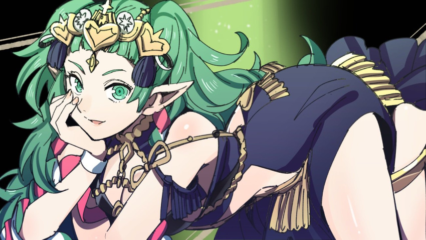 1girl braid fire_emblem fire_emblem:_three_houses green_eyes green_hair hair_ornament long_hair manakete oragamura999 parted_lips pointy_ears solo sothis_(fire_emblem) tiara twin_braids