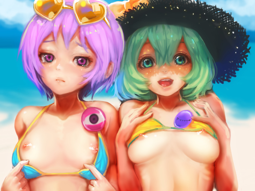 bare_arms bare_shoulders bikini bikini_lift bow breasts collarbone commentary_request day eyewear_on_head flashing furrowed_eyebrows green_eyes green_hair hair_between_eyes hands_on_own_chest hands_up hat hat_bow highres jubakurei komeiji_koishi komeiji_satori lifted_by_self medium_hair nipples outdoors pink_eyes purple_hair ribs short_hair shoulder-to-shoulder siblings side-by-side sidelocks sisters small_breasts stomach straw_hat sunglasses swimsuit touhou upper_body