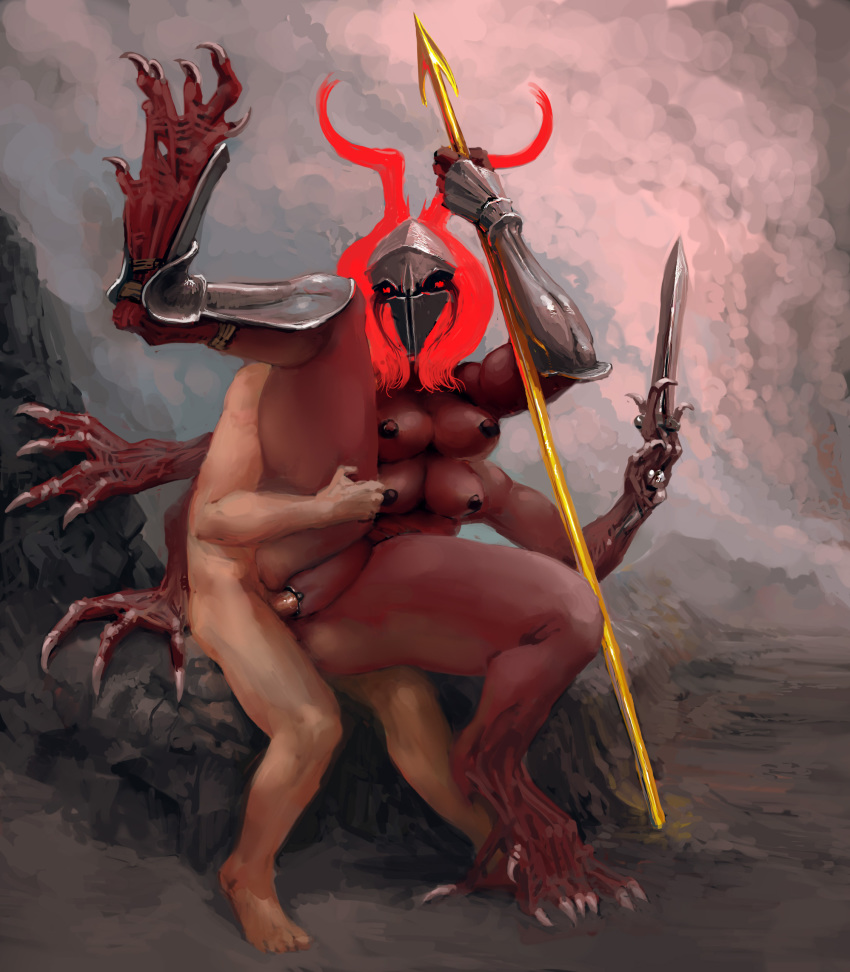2019 absurd_res breasts demon digital_media_(artwork) duo female female_focus hi_res holding_object holding_sword holding_weapon human humanoid ineffective_armor male male/female mammal meandraco melee_weapon multi_arm multi_limb not_furry nude penis polearm pussy red_eyes red_skin sex solo_focus spear sword vaginal weapon