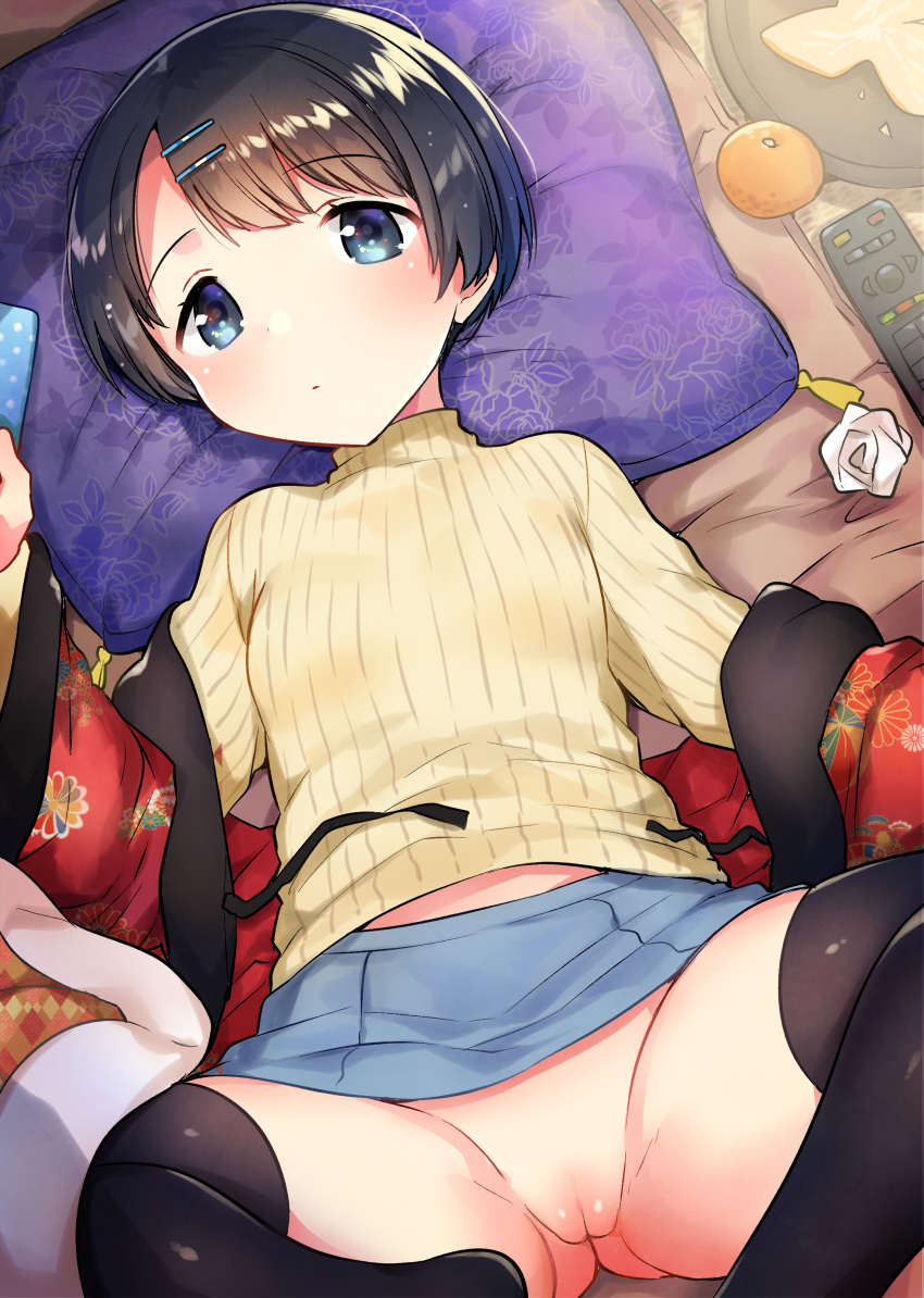 1girl absurdres bangs black_hair black_legwear blue_eyes blue_skirt blush breasts brown_sweater cameltoe closed_mouth controller eyebrows_visible_through_hair food fruit hair_ornament hairclip highres ichihaya long_sleeves looking_at_viewer lying mandarin_orange no_panties on_back original pillow pussy remote_control ribbed_sweater short_hair skirt small_breasts solo spread_legs sweater thighhighs turtleneck