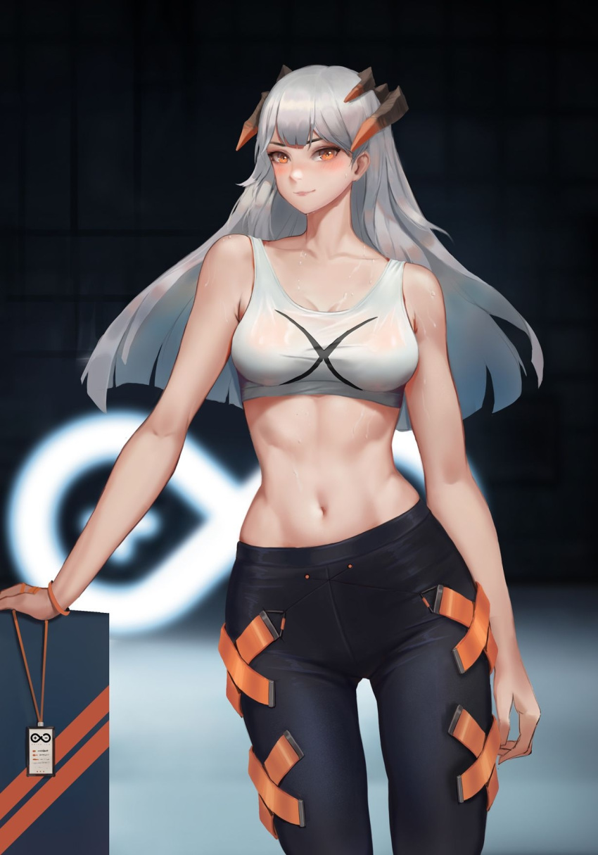 1girl arknights bangs bare_shoulders blunt_bangs breasts closed_mouth collarbone commentary_request crop_top curled_horns grey_hair highres horns jangsunyo long_hair looking_at_viewer midriff navel orange_eyes saria_(arknights) simple_background sleeveless smile solo standing stomach