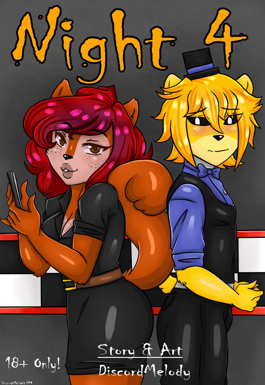 absurd_res anthro big_breasts breasts bulge comic cover discordmelody female five_night_at_freddy's five_nights_at_freddy's freckles golden_freddy_(fnaf) hi_res invalid_tag jasmine_ivory male mammal night_4 nightguard rodent sciurid smile smirk ursid video_games