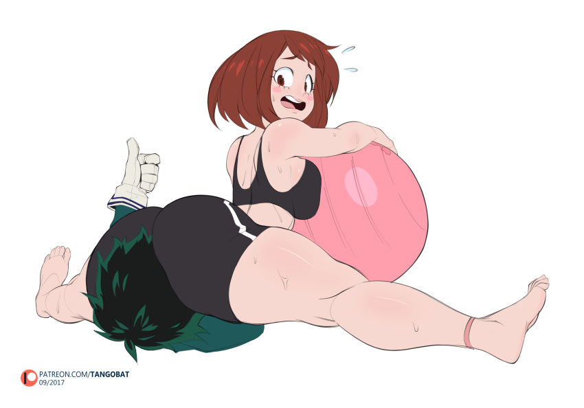 1boy 1girl 2017 absurdres anklet ass ball barefoot bike_shorts blush_stickers boku_no_hero_academia breast_press breasts brown_eyes brown_hair dated exercise exercise_ball face_in_ass flexible gloves green_hair hetero highres huge_ass jewelry kneepits medium_breasts midoriya_izuku patreon_username revision short_hair sideboob sitting sitting_on_face sitting_on_person split sports_bra tangobat thick_thighs thighs thumbs_up toe_scrunch toes uraraka_ochako white_background