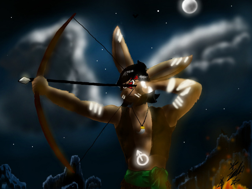 4:3 anthro arrow axitheboyrabbid bandage black_eyes black_hair bow_(weapon) brown_fur clothed clothing cloud digital_media_(artwork) fire forest fur glowing hair holding_object holding_weapon james_flynn jewelry lagomorph leporid lineless loincloth long_ears male mammal markings moon mountain native_american necklace night open_shirt outside rabbit ranged_weapon rock sky sleeveless_shirt solo tree tribal weapon