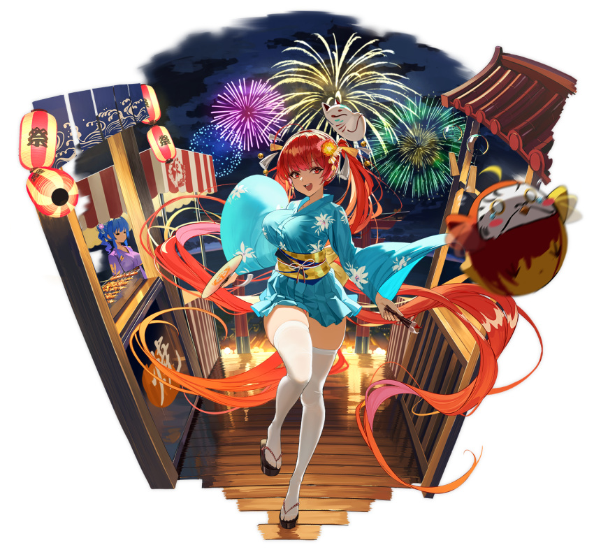 2girls =_= aerial_fireworks azur_lane blue_hair blue_kimono breasts eyebrows_visible_through_hair fan festival fireworks floral_print flower food food_stand fox_mask full_body geta hair_flower hair_ornament highres holding holding_fan holding_paintbrush honolulu_(azur_lane) honolulu_(festival_date)_(azur_lane) japanese_clothes kimono lantern large_breasts looking_at_viewer manjuu_(azur_lane) mask mr_cloud multiple_girls night night_sky obi official_art open_mouth paintbrush paper_fan paper_lantern pleated_skirt purple_kimono red_eyes red_hair sash skirt sky smile st._louis_(azur_lane) tachi-e takoyaki thighhighs twintails white_legwear wooden_floor yellow_sash