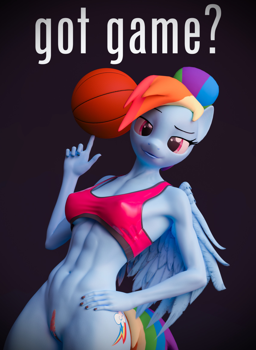 2019 3d_(artwork) abs absurd_res anthro anthrofied basketball bedroom_eyes bottomless bra breasts clothed clothing colored_nails cutie_mark digital_media_(artwork) equid equine female forsaken_(artist) friendship_is_magic half-closed_eyes hi_res lidded_eyes looking_at_viewer mammal muscular muscular_female my_little_pony nails poster pterippus purple_eyes pussy rainbow_dash_(mlp) rainbow_nails seductive smile solo sports_bra underwear wings