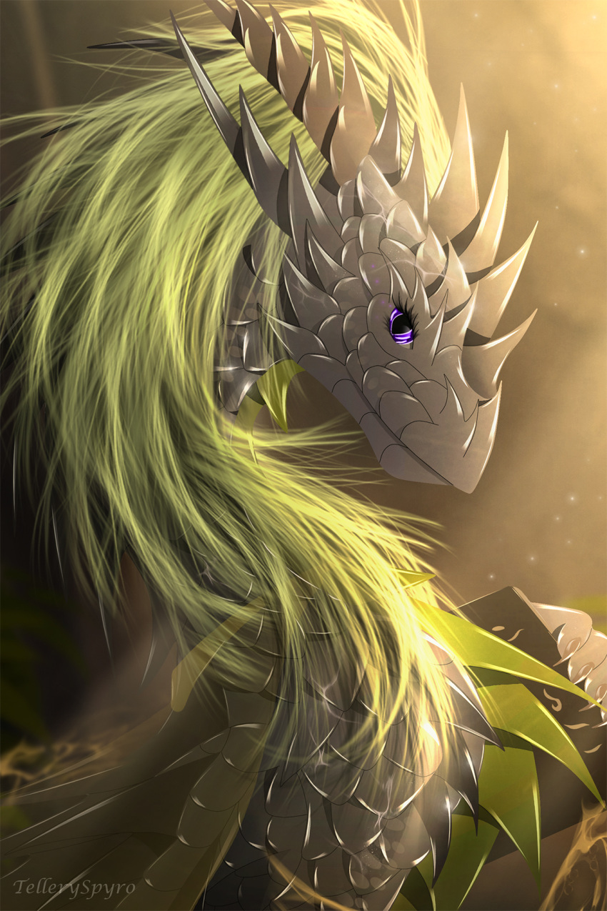 2019 azaries_amnera blonde_hair digital_media_(artwork) dragon eyelashes female feral grey_scales hair heralds_of_the_avirentes om_veri_(heralds_of_the_avirentes) purple_eyes scales solo telleryspyro wyvern