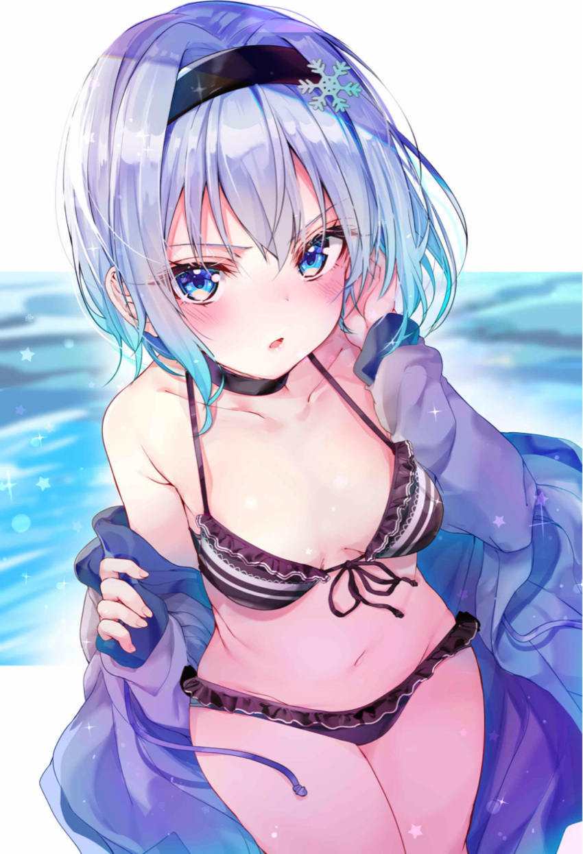 1girl bare_shoulders bikini black_bikini black_choker blue_eyes blush breasts choker collarbone commentary_request cowboy_shot drawstring frilled_bikini frills front-tie_bikini front-tie_top frown groin hair_ornament hairband halter_top halterneck hand_up highres jacket long_sleeves looking_at_viewer medium_breasts navel off_shoulder open_clothes open_jacket parted_lips rouka_(akatyann) ryuuou_no_oshigoto! short_hair sidelocks silver_hair snowflake_hair_ornament solo sora_ginko swimsuit v-shaped_eyebrows water