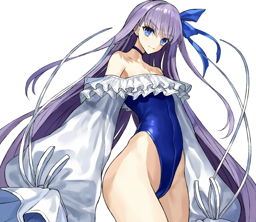 1girl bangs bare_shoulders blue_choker blue_ribbon blue_swimsuit breasts choker closed_mouth collarbone covered_navel ero_waifu fate/grand_order fate_(series) frills hair_between_eyes hair_ribbon highleg highleg_swimsuit licking_lips long_hair long_sleeves looking_at_viewer meltryllis meltryllis_(swimsuit_lancer)_(fate) one-piece_swimsuit puffy_sleeves ribbon simple_background small_breasts swimsuit thighs tongue tongue_out very_long_hair white_background