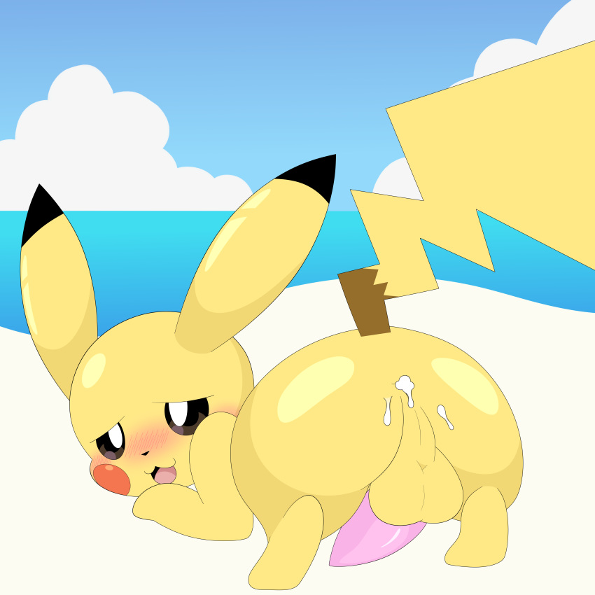 1:1 absurd_res after_sex backsack balls beach blush bodily_fluids butt cum genital_fluids hi_res lemonlime male male/male nintendo penis pikachu pok&eacute;mon pok&eacute;mon_(species) presenting presenting_hindquarters seaside solo video_games