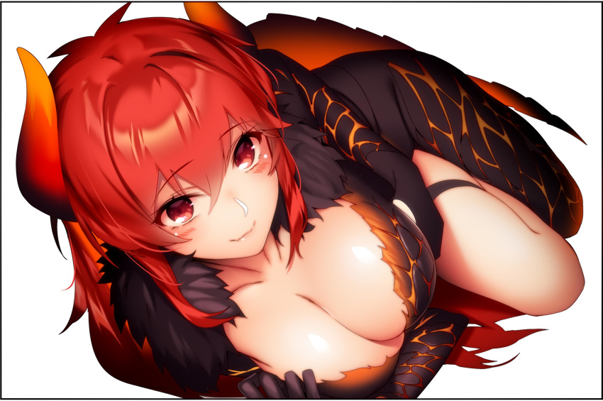 1girl absurdres black_border blush border breasts cleavage closed_eyes commentary dola_(nijisanji) dragon_girl dragon_horns dragon_tail fur_trim hair_between_eyes highres horns large_breasts long_hair looking_at_viewer lying nijisanji on_side red_eyes red_hair ryuji_(ikeriu) scales simple_background smile solo tail virtual_youtuber white_background