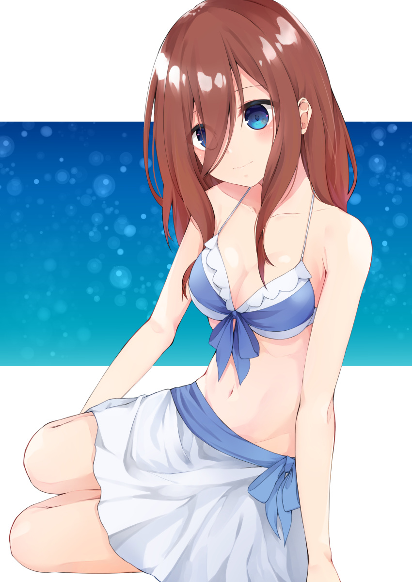 1girl absurdres bangs bare_arms bare_shoulders bikini_top blue_bikini_top blue_bow blue_eyes blush bow breasts brown_hair claws closed_mouth collarbone commentary_request eyebrows_visible_through_hair eyes_visible_through_hair go-toubun_no_hanayome hair_between_eyes highres hijouguti long_hair looking_at_viewer medium_breasts nakano_miku sitting solo yokozuwari