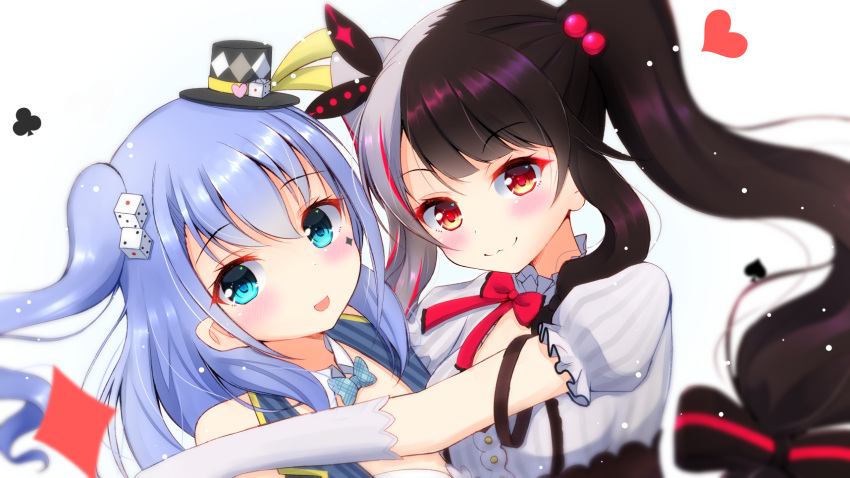 2girls :3 :d bangs black_hair black_headwear blue_eyes blue_hair blue_neckwear blush bow bowtie closed_mouth club_(shape) commentary_request diamond_(shape) dice_hair_ornament elbow_gloves eyebrows_visible_through_hair facial_mark gloves hair_between_eyes hair_bobbles hair_ornament hair_ribbon hat heart highres mini_hat mini_top_hat multicolored_hair multiple_girls nijisanji open_mouth plaid_neckwear puffy_short_sleeves puffy_sleeves red_bow red_eyes red_hair ribbon shirt short_sleeves silver_hair simple_background smile spade_(shape) streaked_hair tilted_headwear top_hat two-tone_hair two_side_up upper_body virtual_youtuber white_background white_gloves white_shirt ymd_(holudoun) yorumi_rena yuuki_chihiro