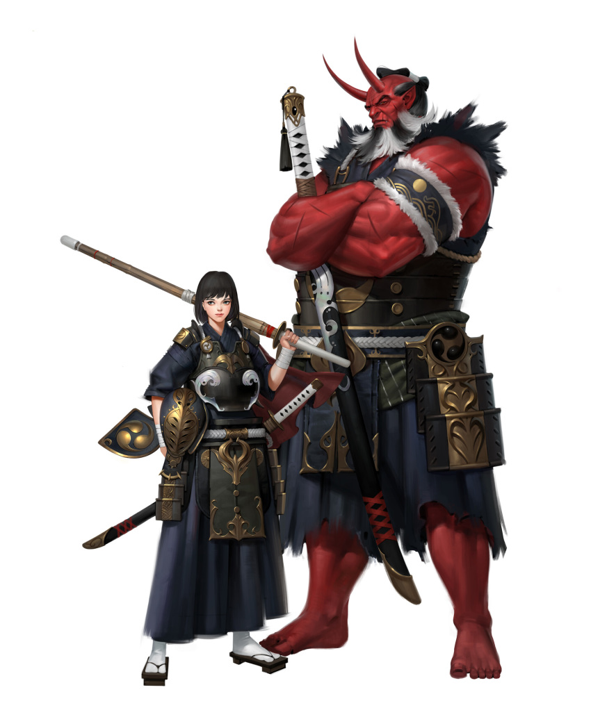 1boy 1girl armor armored_dress black_gloves black_hair black_hairband blush bougu father_and_daughter gloves hairband highres holding holding_sword holding_weapon horns ilsu_jang japanese_armor japanese_clothes katana kendo kendo_mask kendo_sword kimono koshirae kote lips multicolored multicolored_eyes oni oni_horns ootachi original red_eyes red_skin scar short_hair suneate sword weapon