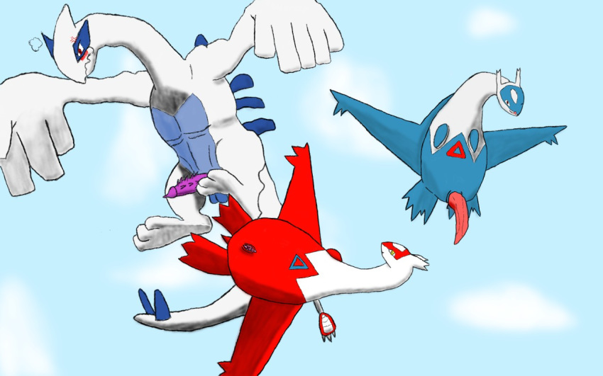 2019 annoyed balls big_penis blush claws female group latias latios legendary_pok&eacute;mon looking_at_viewer lugia male nintendo penis pok&eacute;mon pok&eacute;mon_(species) presenting pussy red_eyes shazarc simple_background tongue tongue_out video_games wings yellow_eyes