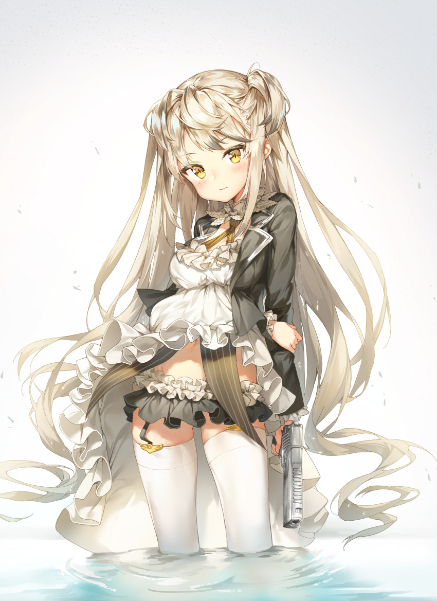 1girl absurdres arm_behind_back arm_grab bangs black_jacket blush breasts brown_eyes cleavage closed_mouth commentary_request desert_eagle desert_eagle_(girls_frontline) dress eyebrows_visible_through_hair garter_straps girls_frontline gun handgun highres holding holding_gun holding_weapon jacket light_brown_hair long_hair long_sleeves looking_at_viewer medium_breasts mokew navel object_namesake open_clothes open_jacket sidelocks solo thighhighs two_side_up very_long_hair wading water weapon white_background white_dress white_legwear