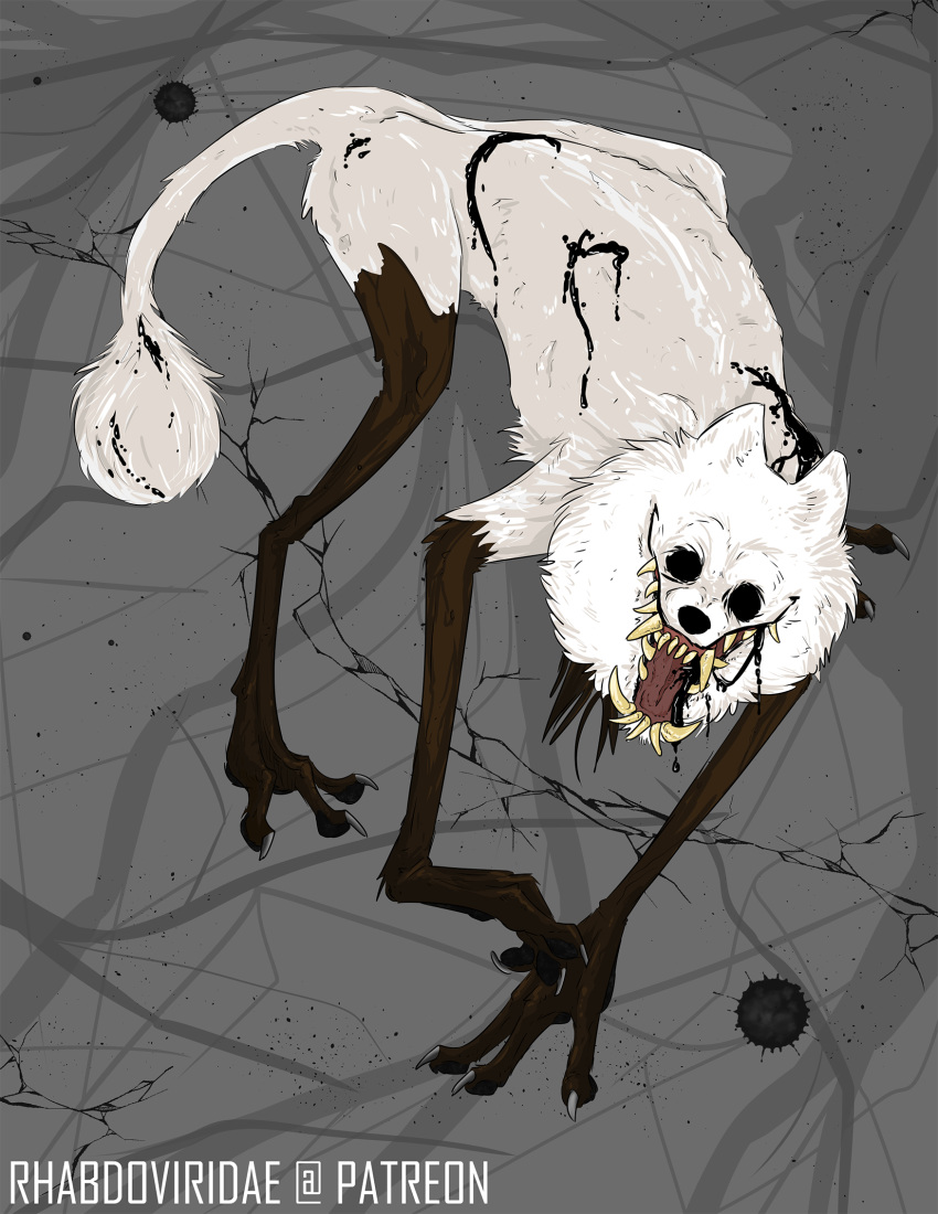 black_eyes black_goo canid canine canis conditional_dnp creepy digital_drawing_(artwork) digital_media_(artwork) domestic_dog fangs fur mammal monster nightmare_fuel open_mouth teeth white_fur wolftacos