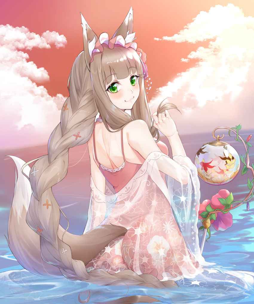 1girl :3 animal_ear_fluff animal_ears ass bangs bare_shoulders blush braid breasts brown_hair casual_one-piece_swimsuit closed_mouth cloud cloudy_sky commentary_request eyebrows_visible_through_hair floral_print flower fox_ears fox_girl fox_tail green_eyes highres himemiya_maho horizon long_hair looking_at_viewer looking_back medium_breasts monmon_shimon ocean one-piece_swimsuit orange_sky outdoors pink_flower pink_swimsuit princess_connect! princess_connect!_re:dive see-through sidelocks single_braid sky smile solo swimsuit tail very_long_hair water