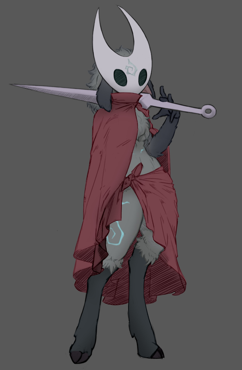 5_fingers absurd_res anthro biped black_ears black_fur bovid cape caprine chest_tuft clothing collaboration cosplay digital_media_(artwork) fingers floppy_ears fluffy full-length_portrait fur gloves_(marking) grey_fur hi_res hollow_knight hornet_(hollow_knight) lamb_(lol) league_of_legends leg_markings long_ears mammal markings mask napalm_express portrait riot_games rubrad socks_(marking) solo tuft video_games