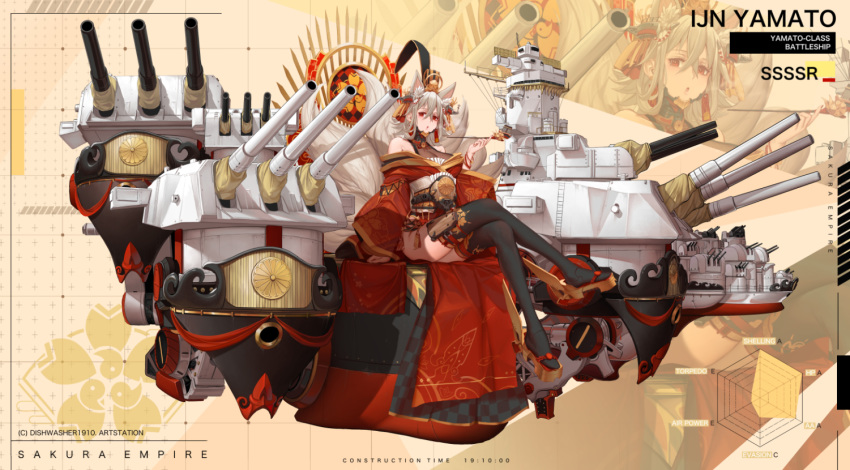 animal_ears anthropomorphism azur_lane breasts cleavage dishwasher1910 foxgirl gray_hair headdress japanese_clothes kimono multiple_tails original red_eyes short_hair smoking tail thighhighs watermark yamato_(azur_lane) zoom_layer