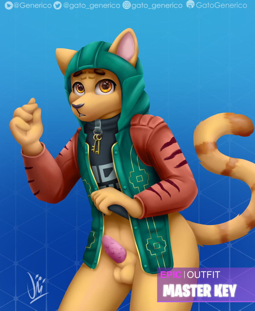 2019 animal_genitalia animal_penis clothed clothing digital_media_(artwork) epic_games felid feline feline_penis fortnite fur gatogenerico girly grabbing_shirt hi_res hoodie jacket looking_at_viewer male mammal master_key pantherine penis shirt shy tiger topwear video_games yellow_fur