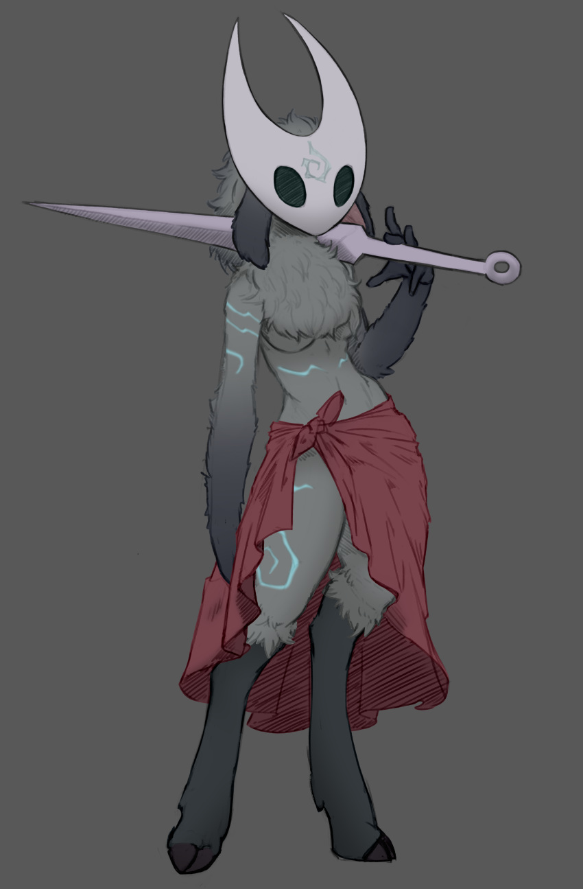 5_fingers absurd_res anthro biped black_ears black_fur bovid breasts caprine chest_tuft clothing collaboration cosplay digital_media_(artwork) female fingers floppy_ears fluffy full-length_portrait fur gloves_(marking) grey_fur hi_res hollow_knight hornet_(hollow_knight) lamb_(lol) league_of_legends leg_markings long_ears mammal markings mask napalm_express portrait riot_games rubrad socks_(marking) solo tuft video_games