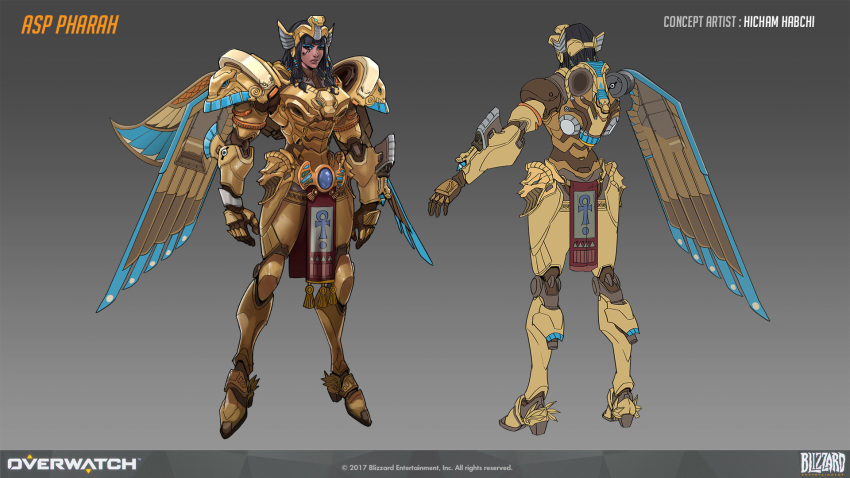 1girl alternate_costume arm_cannon artist_name asp_pharah black_hair brown_eyes character_name concept_art dark_skin egyptian_clothes eye_of_horus eyeshadow facial_tattoo full_body headdress hicham_habchi highres lips looking_at_viewer makeup mechanical_wings medium_hair nose official_art overwatch pauldrons pelvic_curtain pharah_(overwatch) power_armor solo tattoo weapon wings