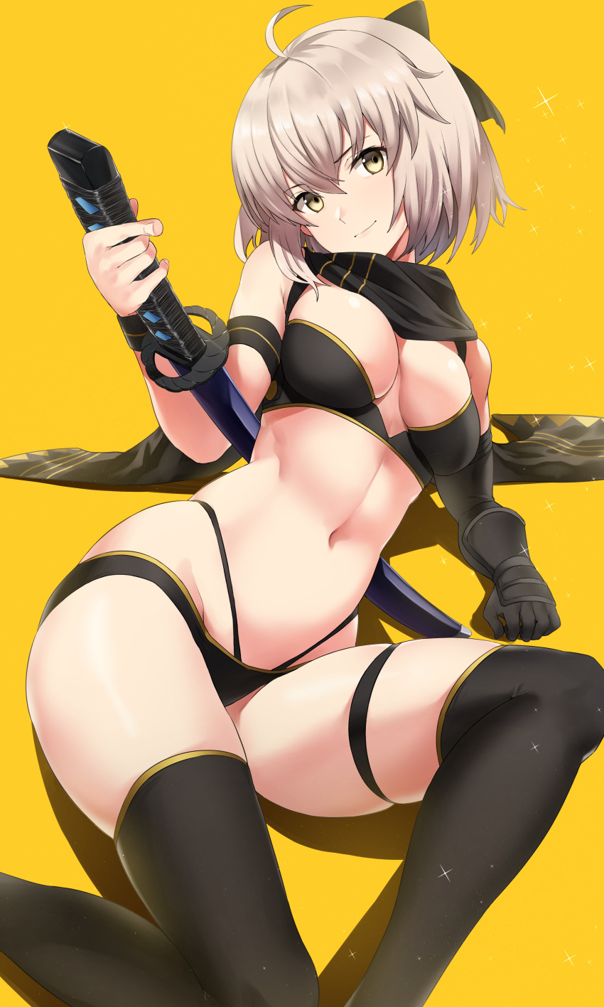 1girl absurdres ahoge bare_shoulders bikini black_bikini black_gloves black_legwear black_scarf blonde_hair bow breasts cleavage eyebrows_visible_through_hair fate/grand_order fate_(series) fujitsubo_(hujitubo0731) gloves hair_bow highres katana looking_at_viewer medium_breasts multi-strapped_bikini navel okita_souji_(fate)_(all) okita_souji_(swimsuit_assassin)_(fate) open_mouth scarf short_hair smile solo swimsuit sword thigh_strap thighs toeless_legwear weapon yellow_background