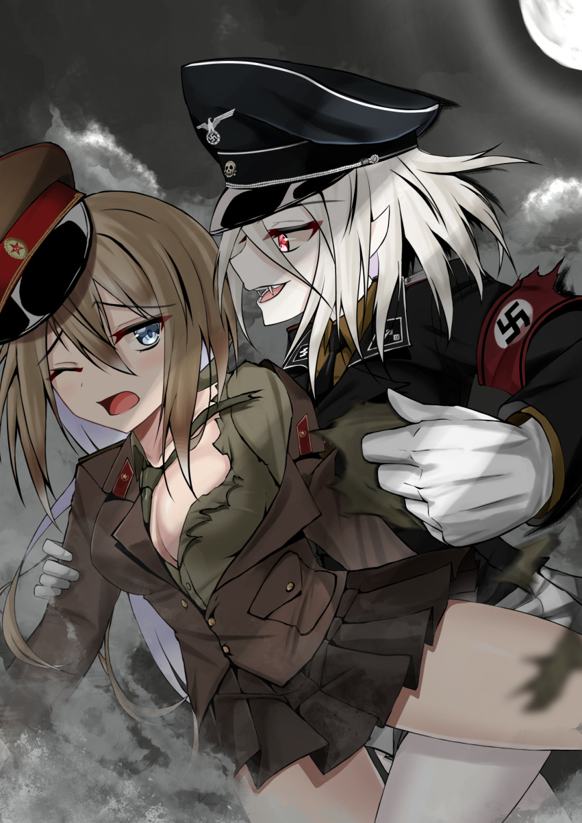 2girls armband blue_eyes breasts brown_hair cleavage colored_skin dress_shirt fangs full_moon gloves hat highres jiseki_rena long_sleeves military military_hat military_uniform moon multiple_girls nazi necktie night night_sky original pale_skin peaked_cap red_eyes shirt skirt sky swastika tearing_clothes torn_clothes totenkopf uniform vampire white_gloves white_hair white_skin