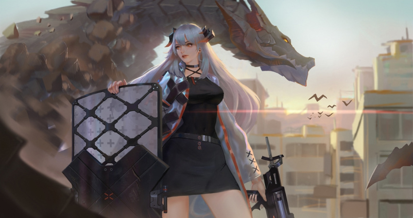 1girl arknights bangs black_choker black_dress breasts choker cityscape coat cowboy_shot dragon dragon_horns dragon_tail dress earrings elite_ii_(arknights) expressionless grey_hair gun holding holding_gun holding_shield holding_weapon horns jangsunyo jewelry long_hair long_sleeves looking_at_viewer looking_away medium_breasts multicolored_coat open_clothes open_coat orange_eyes outdoors saria_(arknights) shield short_dress sidelocks snap-fit_buckle solo tail trench_coat weapon