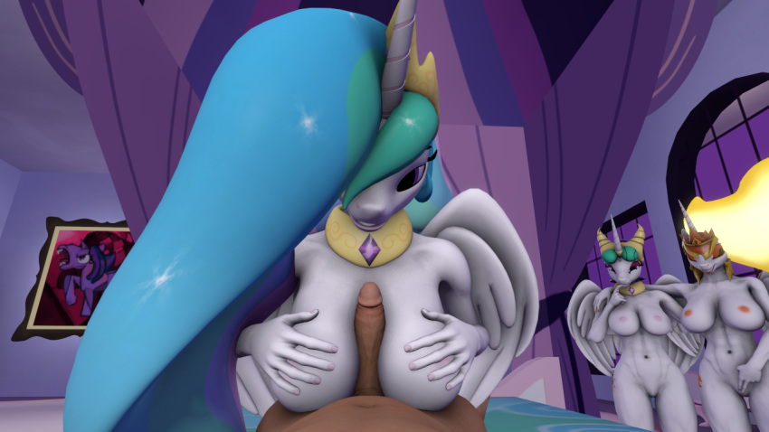 3d_(artwork) anthro breasts daybreaker_(mlp) digital_media_(artwork) equid equine evil_celestia female female_focus first_person_view friendship_is_magic group horn human human_on_anthro interspecies looking_at_viewer lying male male/female male_on_anthro mammal my_little_pony princess_celestia_(mlp) sex smile solo_focus titfuck winged_unicorn wings