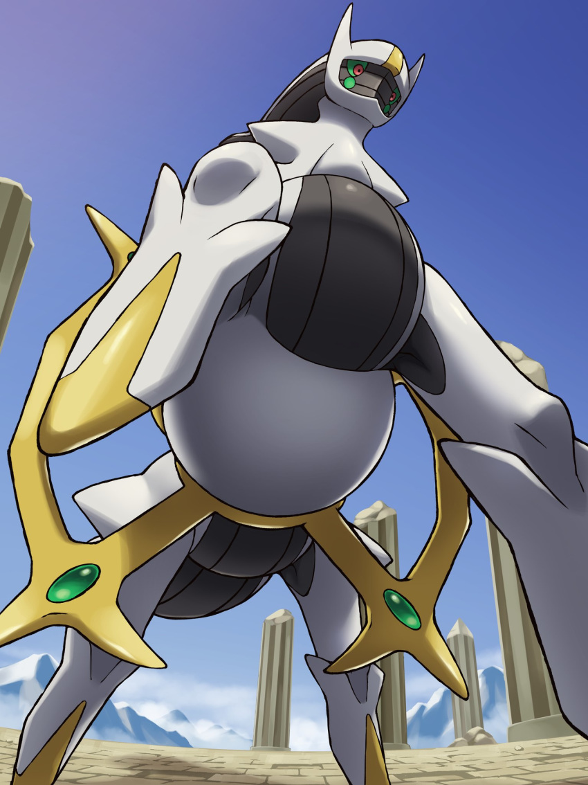 2019 all_fours arceus detailed_background front_view legendary_pok&eacute;mon looking_at_viewer looking_back mammal nintendo on_ice_(artist) pok&eacute;mon pok&eacute;mon_(species) solo video_games