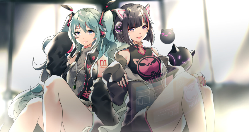&gt;_&lt; 2girls animal_ears asakura_neko bangs black_jacket black_shorts black_sleeves blue_eyes blurry blurry_background breasts cat_ear_headphones cat_ears character_request closed_mouth commentary crossover cytus depth_of_field detached_sleeves eyebrows_visible_through_hair fake_animal_ears fingernails green_hair grey_sweater hair_between_eyes hair_ornament hatsune_miku headgear headphones highres jacket knees_up long_sleeves multiple_girls nail_polish off_shoulder open_clothes open_jacket parted_lips pink_nails ribbed_sweater short_shorts shorts sitting sleeveless sleeveless_jacket sleeveless_sweater sleeves_past_wrists small_breasts smile sweater twintails vocaloid xianguang