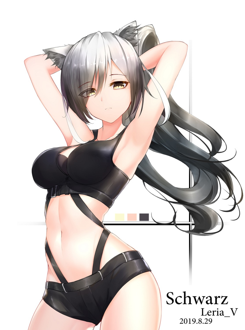 1girl animal_ear_fluff animal_ears arknights armpits arms_behind_head arms_up bangs black_hair black_shorts breasts buckle cat_ears cat_girl character_name closed_mouth color_guide contrapposto cowboy_shot dated expressionless eyebrows_visible_through_hair gradient_hair high_ponytail highres large_breasts leria_v looking_at_viewer multicolored_hair nipples schwarz_(arknights) short_shorts shorts silver_hair slit_pupils solo sports_bra stomach swept_bangs thighs white_background yellow_eyes