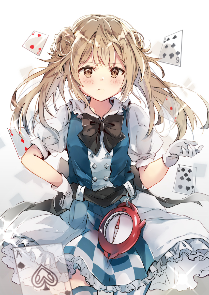 1girl alternate_costume bangs belt black_neckwear blue_neckwear blush bow bowtie buttons card closed_mouth commentary_request compass double_bun dress enemy_lifebuoy_(kantai_collection) eyebrows_visible_through_hair frilled_skirt frills gloves hand_on_hip highres kantai_collection light_brown_hair looking_at_viewer michishio_(kantai_collection) nanahamu open_mouth puffy_short_sleeves puffy_sleeves shinkaisei-kan short_sleeves short_twintails simple_background skirt solo standing thighhighs twintails white_background white_gloves yellow_eyes