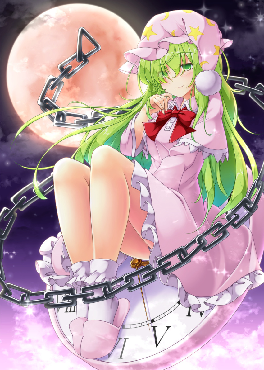 1girl aka_tawashi bangs blush bobby_socks bow bowtie breasts capelet chain clock commentary_request crescent_print dress eyebrows_visible_through_hair full_body full_moon green_eyes green_hair hair_between_eyes hand_up hat highres kazami_yuuka kazami_yuuka_(pc-98) knees_up long_hair long_sleeves looking_at_viewer medium_breasts moon night night_sky nightcap nightgown outdoors petticoat pink_capelet pink_dress pink_footwear pink_headwear red_bow red_neckwear roman_numerals sitting sky slippers smile socks solo star star_print touhou touhou_(pc-98) white_legwear wing_collar