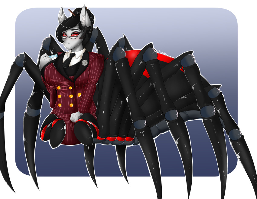 anthro arachnid arachnid_taur arthropod arthropod_taur big_breasts breasts charlotte_silk_(oc) clothing drider dungeons_and_dragons equid equine eyeshadow eyewear fan_character fangs female glasses hair hair_bun horse makeup mammal monster my_little_pony necktie pony red_eyes red_eyeshadow smile solo spider spider_taur suit tablet taur theecchiqueen