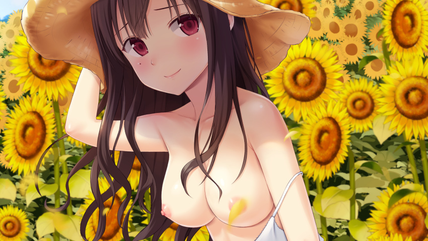 1girl bangs banned_artist bare_shoulders blush breasts breasts_outside brown_hair closed_mouth collarbone dress dress_pull eyebrows_visible_through_hair field flower flower_field hand_on_headwear hat highres long_hair looking_at_viewer medium_breasts n.g. nipples no_bra original red_eyes smile solo straw_hat sunflower wavy_hair white_dress yellow_flower