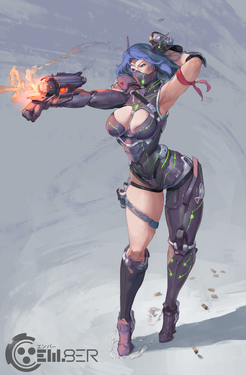 1girl absurdres arm_up armpits blue_eyes blue_hair breasts cleavage cutesexyrobutts cybernetic_parts gun high_heels highres looking_to_the_side mask medium_breasts paid_reward patreon_reward prosthesis prosthetic_leg short_hair solo thigh_strap thighs weapon