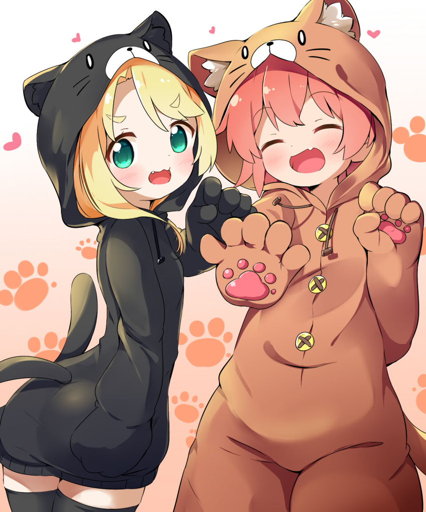 2girls :3 :d ^_^ animal_costume animal_ear_fluff animal_ears animal_hood black_legwear blonde_hair blush brown_background brown_hair cat_costume cat_ears cat_girl cat_hood cat_tail claw_pose closed_eyes commentary_request drawstring facing_viewer fake_animal_ears fake_tail fang gradient gradient_background green_eyes hand_up heart highres himesaka_noa hood hood_up hoshino_hinata long_hair makuran multiple_girls open_mouth smile tail thick_eyebrows thighhighs v-shaped_eyebrows watashi_ni_tenshi_ga_maiorita! white_background