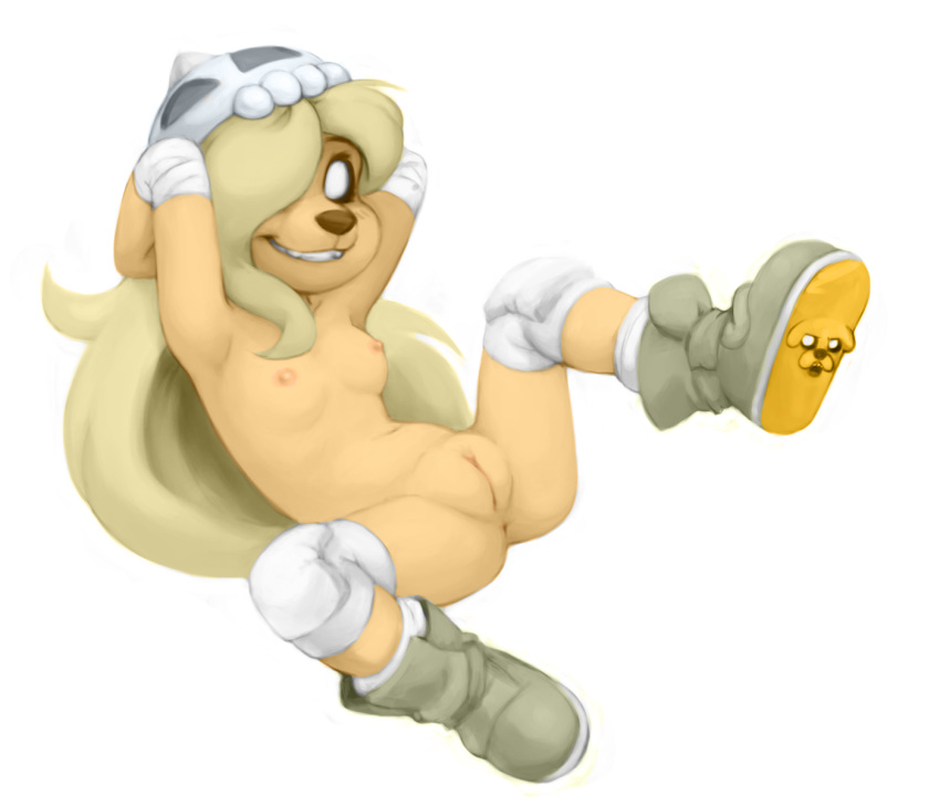 2019 adventure_time anthro armor bandage breasts bronwyn canid canine canis cartoon_network clothing color_edit colored dogyd domestic_dog edit female footwear fur hair headgear helmet hi_res jake_the_dog knee_pads long_hair mammal navel plump_labia pussy shoes simple_background small_breasts smile solo spread_legs spreading white_background yellow_fur young